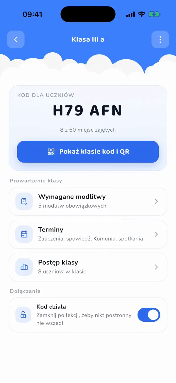 Nagranie ekranu trybu katechety: kod klasy, wymagane modlitwy, terminy i postęp klasy